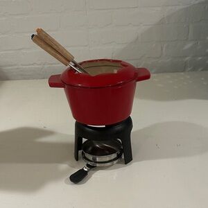 Elegant Red Cast Iron Fondue Set